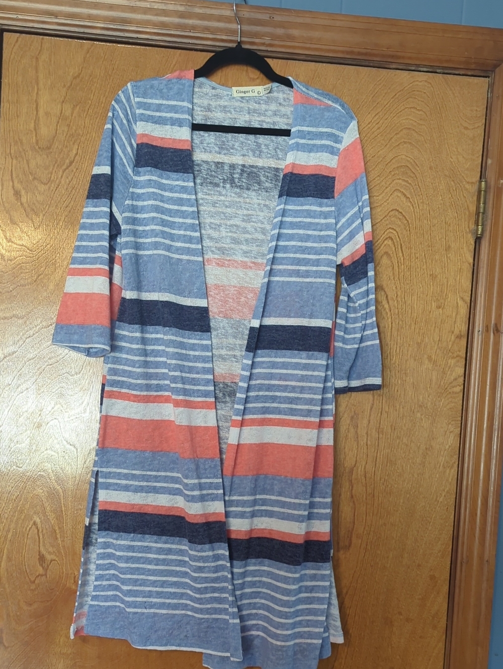 Ginger G Blue, Coral & Navy Striped Open-Front Long Cardigan